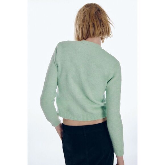 Green Zara Pearl Embellished Button Front Long Sleeve Cardigan Sweater (NWT) - Picture 4 of 8